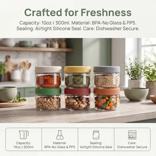 EONJOE 10 oz Small Glass Containers with Lids, Food Storage Jars, 6pk - Image 3