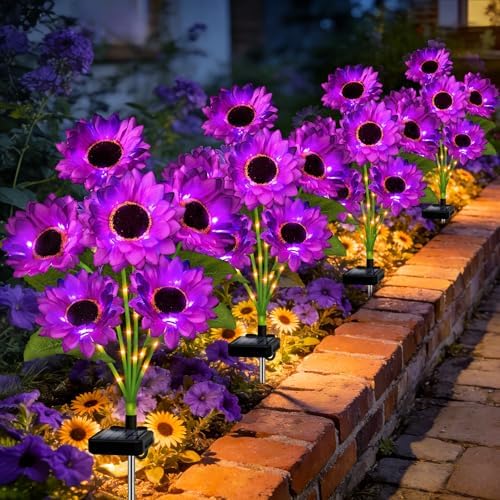 Solar Sunflower Lights Outdoor Garden Decor, 4 Pack Solar Purple Flowers Lights with 24 Sunflowers, Waterproof Fall Decor Stake Decorative Light Auto ON/Off for Garden Yard Patio, Gift for Women by stadeco