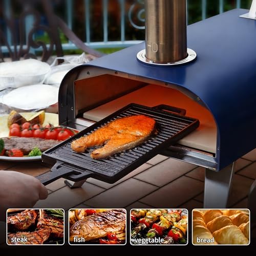 BIG HORN 12" Multi-Fuel Outdoor Pizza Oven Reach up to 1110℉– 3-in-1 Wood,Gas &Electric Compatible(Burners Sold Separately),Pellet Pizza Oven Portable Pizza Maker for Backyard, Camping&Tailgating,Blue - Image 6