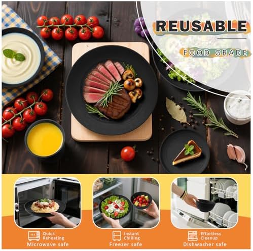 Wheat Straw Dinnerware Sets for 8, 32 PCS Unbreakable Plates and Bowls Sets, Reusable Dinnerware Set for Kitchen Outdoor and Apartment Dinning Essentials - Black - Image 6