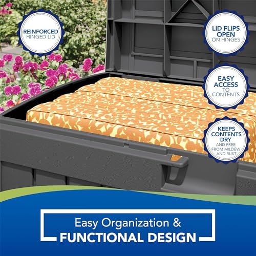 Suncast 50 Gallon Medium Capacity All Weather Construction Resin Outdoor Storage Deck Box with Arched Lid for Patio, Garden, or Pool, Peppercorn - Image 5
