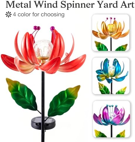 Solar Lights Outdoor Wind Spinners, Metal Lotus Flower Garden Decor with Waterproof LED Crackle Glass Globe for Patio Lawn Yard Outdoor Decor - Image 3