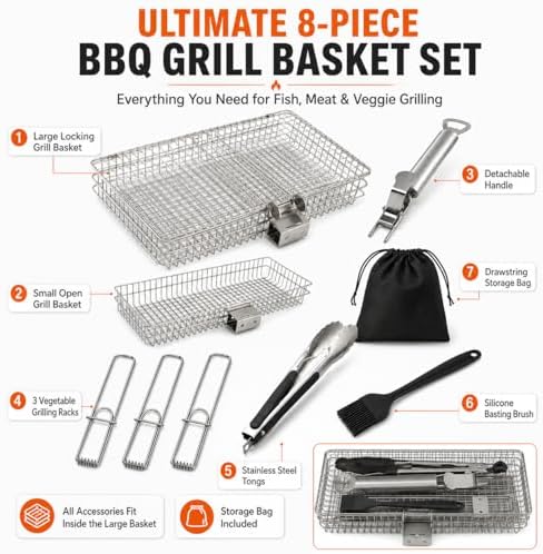 8-Piece BBQ Grill Basket Set - Stainless Steel Vegetable Grilling Basket with Detachable Handle & Lid, Portable Fish Grilling Basket & Meat Roaster, Grilling Gifts for Men Dad - Image 2