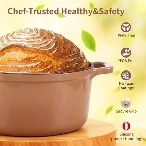 Enameled Cast Iron Dutch Oven with Lid&Silicone Grip, Round Casserole Pot for Bread Baking, Braising, Roasting,Stews,Heavy-Duty Baking Pan,Oven Safe, Induction Compatible (4.7QT,Mocha) - Image 2