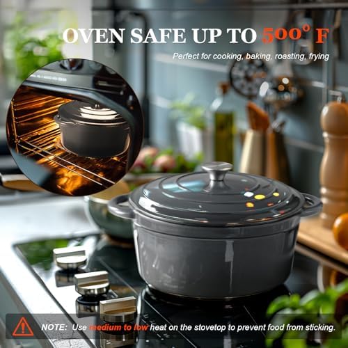 Overmont Enameled Cast Iron Dutch Oven - 4.5QT Pot with Lid Cookbook, Grey - Image 5