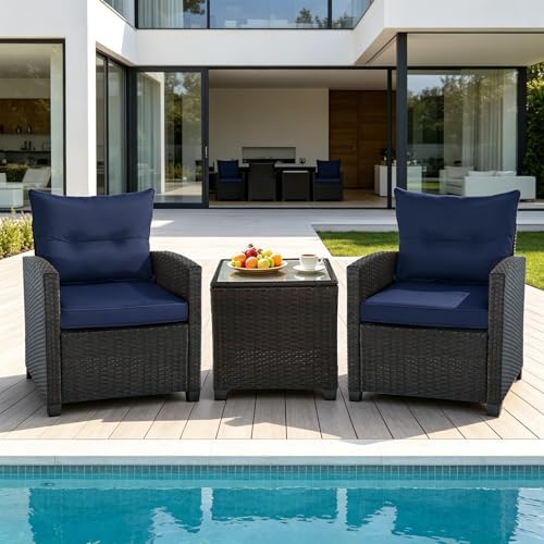 3 PCS Patio Wicker Conversation Set Sofa Table Dark Blue Cushion - Image 3