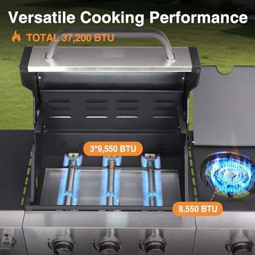 3 Burner Propane Gas Grill, 39,000 BTU Outdoor BBQ Grill with Side Burner and Cast Iron Grates, Cabinet Style Storage Gas Barbecue Grill for Backyard Patio - Image 6