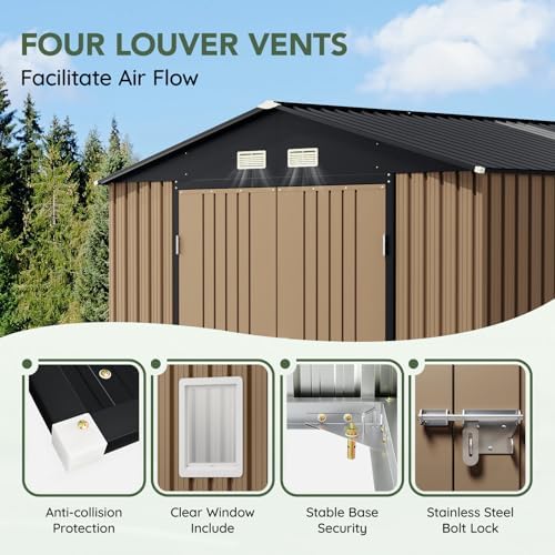 Upgrade 10x12 FT Outdoor Metal Storage Shed with Floor Frame, Double Swing Doors, 2 Clear Windows, Replaceable Skylight Roof Panel, Tool Shed for Garden, Patio, Backyard Brown - Image 5