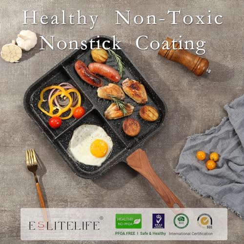 ESLITE LIFE Nonstick Divided Grill Pan for Stove Tops, 11 Inch Versatile 3-In-1 Breakfast Pan, Square Big Grilling Steak Pan for Indoor & Outdoor Cooking, PTFE & PFOA Free, Black - Image 3