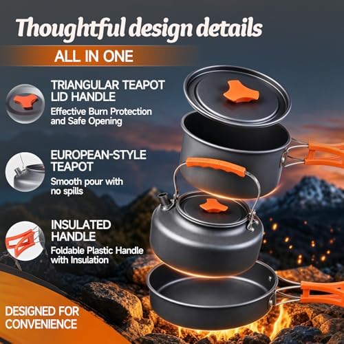 Camping Cookware, 10-Piece Non-Stick Foldable Mess Kit with Kettle - Image 6