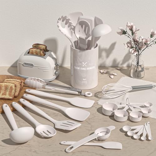 Kitchen Utensils Set, Umite Chef 22Pcs Silicone Cooking Utensils Set, Heat Resistant Silicone Kitchen Spatulas Set with Holder, White Cooking Gadgets Tools Set for Nonstick Cookware, Dishwasher Safe - Image 2
