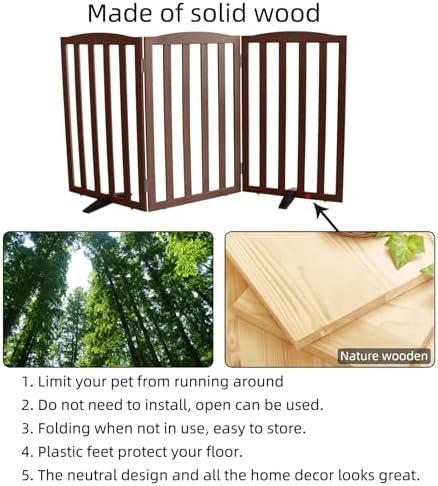 Freestanding Dog Gate Indoor,Doggie Gate Foldable Pet Gates for Doorways,Stairs or Hallways, Wooden Brown Pet Gate for the House, Pet Fence with Support Feet Included,32 "Height-3 Panels - Image 6