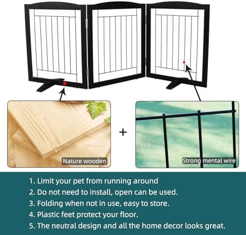 ZJSF Freestanding Dog Fence Indoor, Foldable Dog Gate for Doorways, Stairs or Hallways, Sturdy Wood Extra Wide Pet Gate with Support Feet for The House, Black, 24 "Height-3 Panels - Image 6