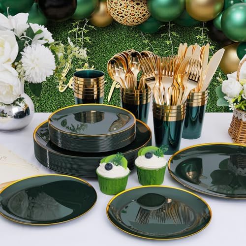 LIYH 180Pcs Green Plastic Plates, Gold Silverware Dinnerware Sets For Party - Image 5