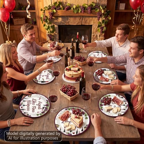 48 Pcs Red Wine Party Plates Supplies Aged Like Fine Wine Party Decorations Paper Plates Aged To Perfection Tableware Set for Women Girls Bridal Shower Anniversary Bachelorette Table Decor for Guests - Image 5