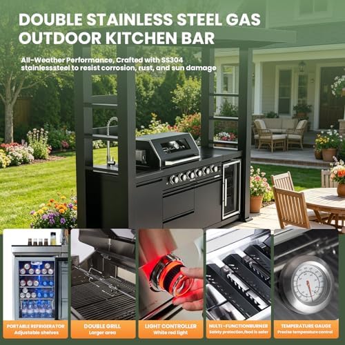 97" Stainless Steel Outdoor Kitchen Island with 4-Burner 72000 BTU,Gas Grill with Side Burner,Rotisserie Oven,Beverage Fridge,Galvanized Steel Roof,Granite Countertops,Sink.(Natural Gas) - Image 5