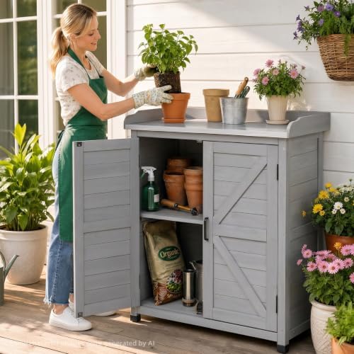 Outdoor Potting Bench with Storage Cabinet, Wooden Garden Potting Table with Metal Tabletop, Workbench Station for Patio Backyard (Classsic Grey, 31.5x17x39) - Image 2