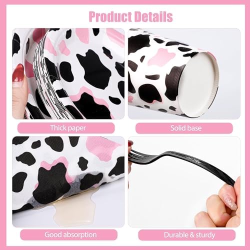 Kochorie 144 Pieces Pink Cow Print Party Supplies, Cowgirl Pink Cow Tableware Sets Including Disposable Paper Plates Napkins Cups Forks Serves 24 for Baby Shower Birthday Party Decorations - Image 3