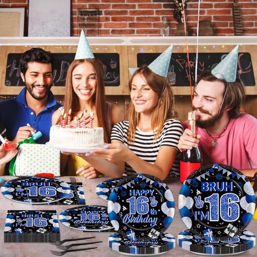 96PCS 16th Birthday Party Paper Plates and Napkins and Forks Set for Blue and Silver Bruh I'm 16 Years Old Party Paper Plates Disposable Decor Happy 16th Parties Set for Teens Birthday Decorations - Image 6