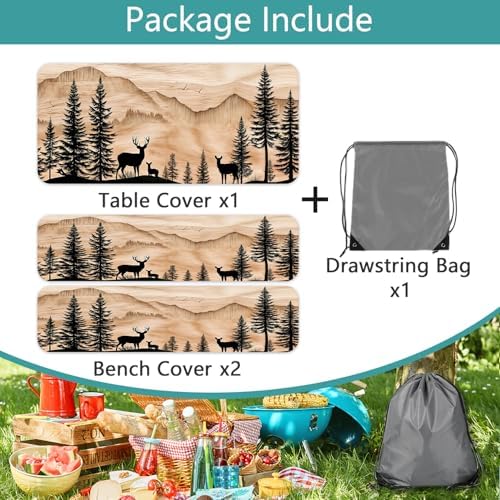 Picnic Table Cover with Bench Covers Camping Essentials Rustic Hunting Deer Forest Waterproof Windproof Camping Tablecloth Fitted Tablecloth Cover with Elastic Edge for Indoor Outdoor 3 PCS 30x60 Inch - Image 6