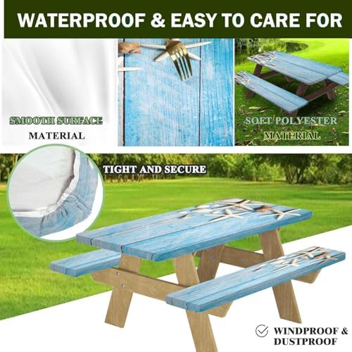 CAPSCEOLL Picnic Table Cover with Bench Covers 8ft - Summer Blue Wood - Image 3