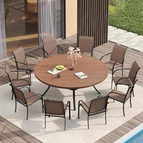 VICLLAX Large Patio Dining Furniture Set, Outdoor Dining Set for 10-60" Round Outdoor Table and Patio Stackable Chairs, Walnut Wood-Like Tabletop and Brown Fabric by HOME