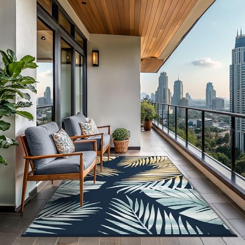 GENIMO Outdoor Rug, Waterproof Plastic Rugs for Patio, 6'x9' Yellow Navy - Image 4