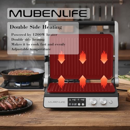 Panini Press,4 Slices Contact Grill with Removable Non-Stick Coated Grill and Flat Plates,Panini Makers with Temperature Control and Timer,Open 180 Degrees,Grill and Griddle (Half black with digital) - Image 5