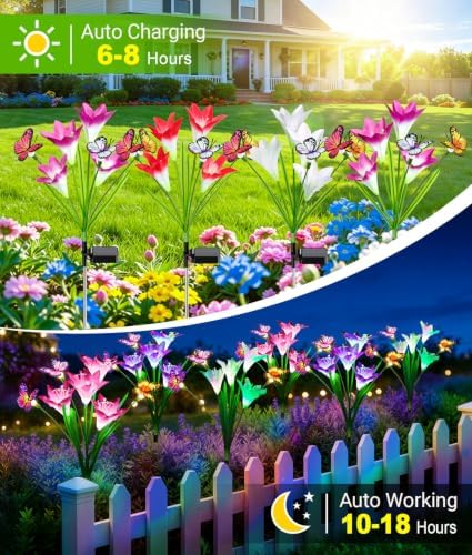 KOOPER Solar Lights Outdoor Garden Decor 10 Pack, 40 Lily Flowers and 30 Swaying Butterflies, IP65 Waterproof 7 Color Changing Solar Flower Lights for Yard Patio Pathway, Gifts for Mom Women Grandma - Image 3