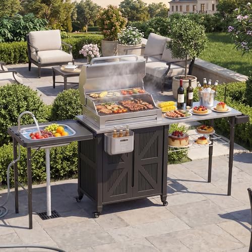 Outdoor Grill Cart with Stainless Steel Top, Outdoor Kitchen Island BBQ Prep Table, Storage Cabinet, Mobile Grill Cart with Folding Hanging Trash Bin, Wheels, Side Shelf for Patio, Garden, Picnic by Betisef