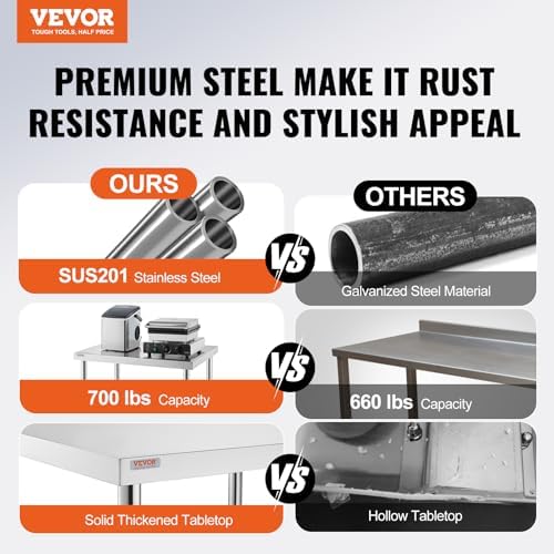 VEVOR Stainless Steel Work Table 30 x 12 x 34 Inch, 700 LBS Load Capacity with 4 Wheels, 3 Adjustable Height Levels, Heavy Duty Food Prep Worktable for Commercial Kitchen Restaurant, Silver - Image 2