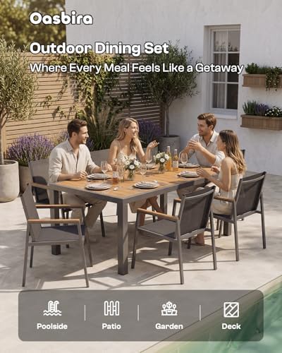 Outdoor Dining Chairs Set of 2, Aluminum Patio Armchairs, All Weather Patio Dining Furniture for Backyard, Deck, Poolside (Gray-Teak) - Image 5
