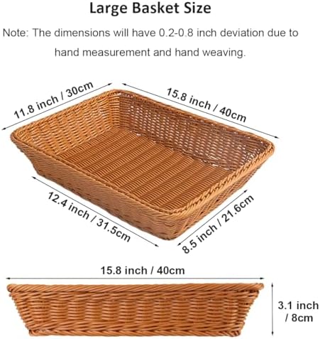 RT&BS 2pcs Large Wicker Bread Basket for Serving, Wicker Fruit Basket, Display Baskets for Vegetable Fruit, Reusable Handwoven Serving Baskets for Kitchen, Store, Restaurant, Outdoor (Brown, L) - Image 3