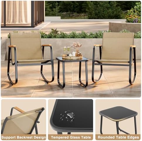Ahomly 3-Piece Outdoor Rocking Bistro Set, Patio Set Textilene, Brown - Image 5