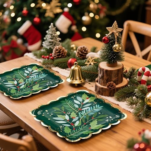 WRAPAHOLIC 25Pcs Christmas Paper Plates - 9 Inch Gold Foil and Green Holly Berry Disposable Plates Decorative Dinner Plates for Christmas Party Tableware Supplies Table Decor - Image 4
