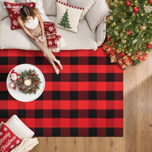 IOHOUZE Christmas Buffalo Plaid Outdoor Rug 4x6, Washable, Red Black - Image 4