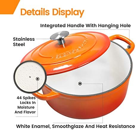 EDGING CASTING Enameled Cast Iron Dutch Oven, 5.5 Quart, Round Cast Dutch Ovens Pot with Lid Dual Handle for Bread Baking, Oven Safe up to 500°F, Orange - Image 4