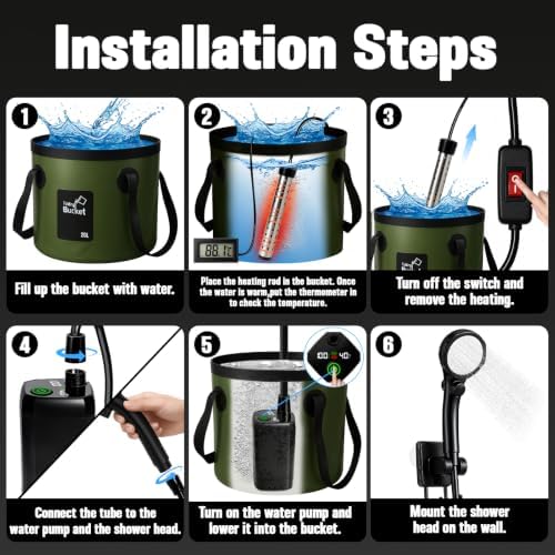 Portable Shower for Camping, 6000mAh Rechargeable Camp Shower Pump with Large Capacity Foldable Bucket, Filtered Shower Head, Outdoor Camping Shower Kit for Travel, Pet Bath, Car Washing - Image 5