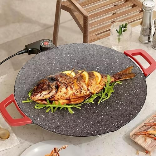 Electric Smokeless Grill, Non-Stick BBQ Griddle with Temperature Control, Round Cooking Surface with Red Handles, Indoor Barbecue Pan for Meat and Seafood (14) - Image 6