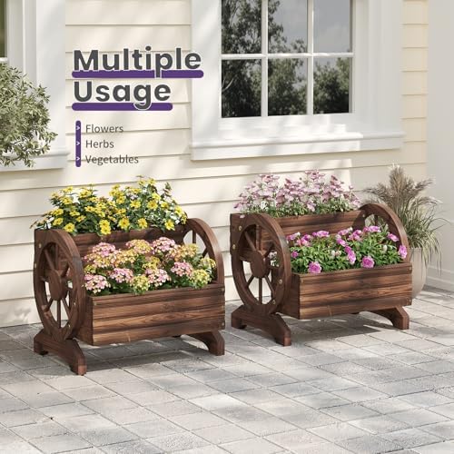 Wooden Wagon Planter Flower Cart Farm Stand Garden Decor Planter for Outdoor Patio Balcony Decoration,Rustic Farmhouse Wishing Well Decor Succulent Planter Indoor Backyard (Carbonized) - Image 2