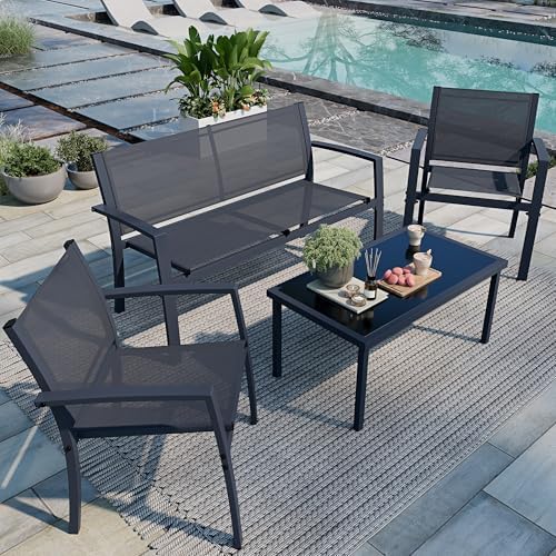 Shintenchi 4 Pieces Patio Furniture Set All Weather Textile Fabric Outdoor Conversation Set, with Glass Coffee Table, Loveseat, 2 Single Chairs for Home, Garden, Lawn, Porch（Gray） by Shintenchi%7CFurnitureMadeforRealLife