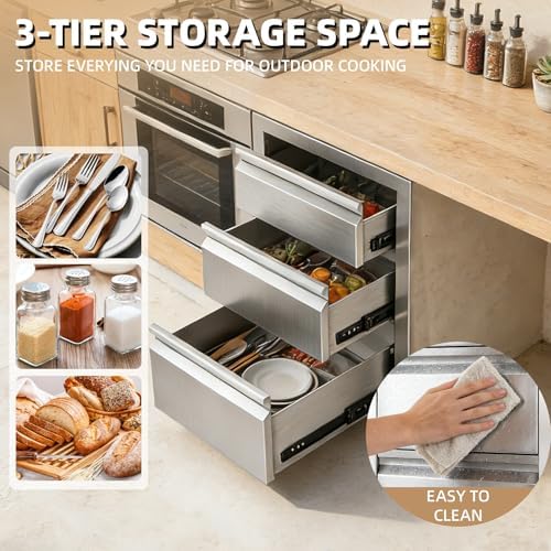 Outdoor Kitchen Drawers 15" x 25" x 18.7" Stainless Steel Triple Drawer Cabinet, Flush Mount Modular Storage for BBQ Islands & Patios - Image 7