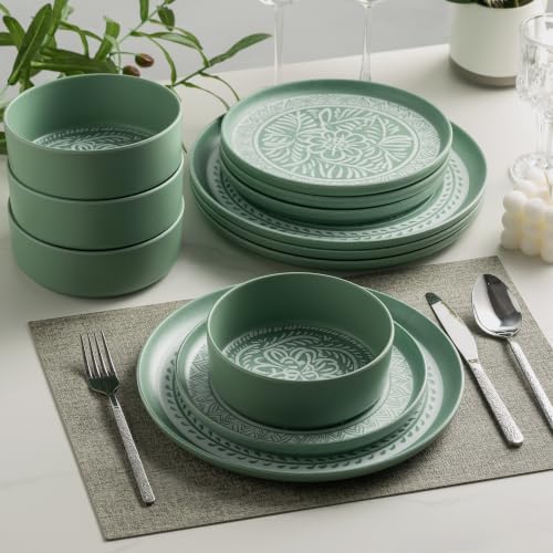 MissYip Melamine Dinnerware Set, 12 Piece for 4, Thicker Sturdy Indoor and Outdoor Use Tableware, Durable Plastic Plates and Bowls set, BPA Free, Dishwasher Top Safe, Not Microwave, Not Oven(Green) - Image 3