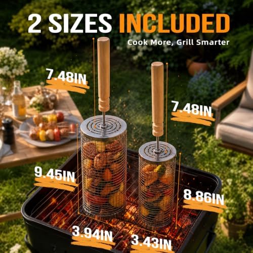 Rolling Grill Basket for BBQ, Removable Wooden Handle, Gifts for Men Dad - Image 3
