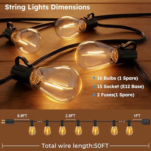 GvvooHome LED Outdoor String Lights, 50FT Waterproof Patio Lights with 16 Shatterproof S11 Plastic Bulbs, 2700K Warm White Edison Hanging Lights for Backyard, Garden, Porch, Bistro - Image 6