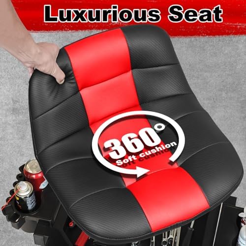 Rolling Stool with Wheels, Adjustable Height Pneumatic Garage Work Mechanic Stool Seat with Backrest, 400 LBS Capacity 360° Swivel Mechanic Crepper Chair with Tool Tray Storage, Red - Image 3