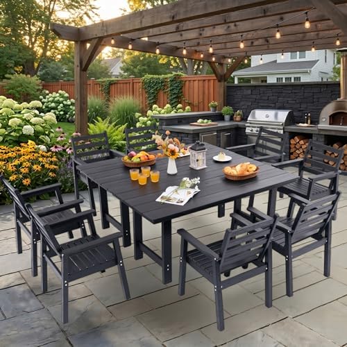 10-Piece Outdoor Dining Set, All-Weather HDPE Patio Furniture, Two 66.5" Slatted Table with 1.6" Umbrella Hole & 8 Ergonomic Armchairs, Heavy Duty 350lbs Capacity, UV Resistant, Black - Image 3