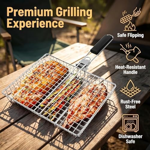 Stainless Steel Folding Grill Basket (12.6"x8.86"x1.57") - Portable BBQ Grilling Basket for Fish, Shrimp, Vegetables & Meats, Outdoor Camping Grilling Accessories, Perfect Grilling Gifts - Image 3