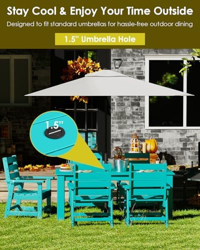 GREENVINES HDPE Outdoor Dining Table w/Umbrella Hole for 6, Aqua - Image 6