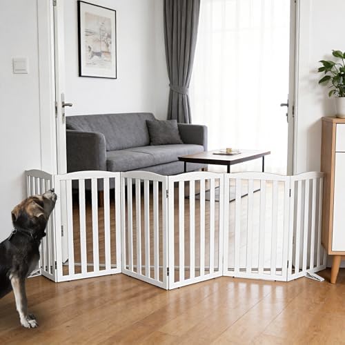 Freestanding Dog Gate Indoor,Doggie Gate Foldable Dog Gates for Doorways,Stairs or Hallways, Wooden White Pet Gate for The House, Pet Fence with Support Feet Included,32 "Height-6 Panels by SFJC